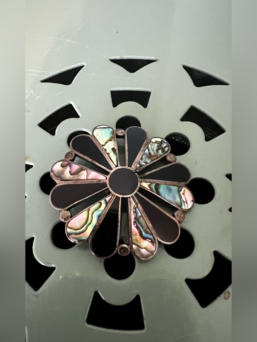 VTG Sterling Silver Mexico Handmade Floral Abalone Brooch Pin Pendant